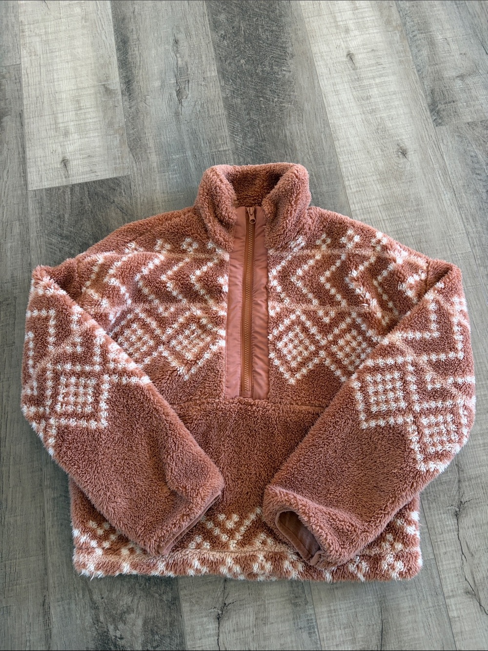 Thread & Supply Dusty Rose Sherpa Half-Zip Turtleneck with Cream Pattern